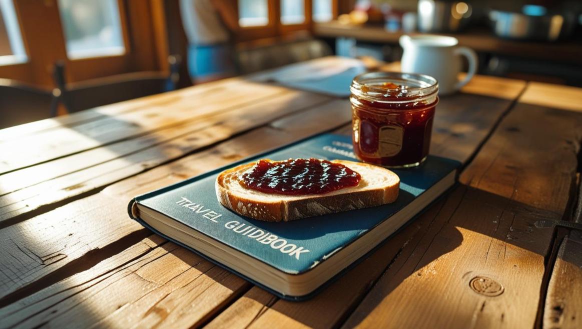 Rustic hostel breakfast featuring Vegemite toast, guidebook, and warm morning light.